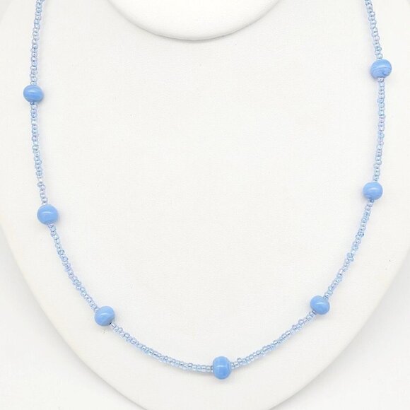 Blue Swirl Glass Beaded Necklace AB Seed Beads 20" Minimalist Simple Timeless - Picture 1 of 8
